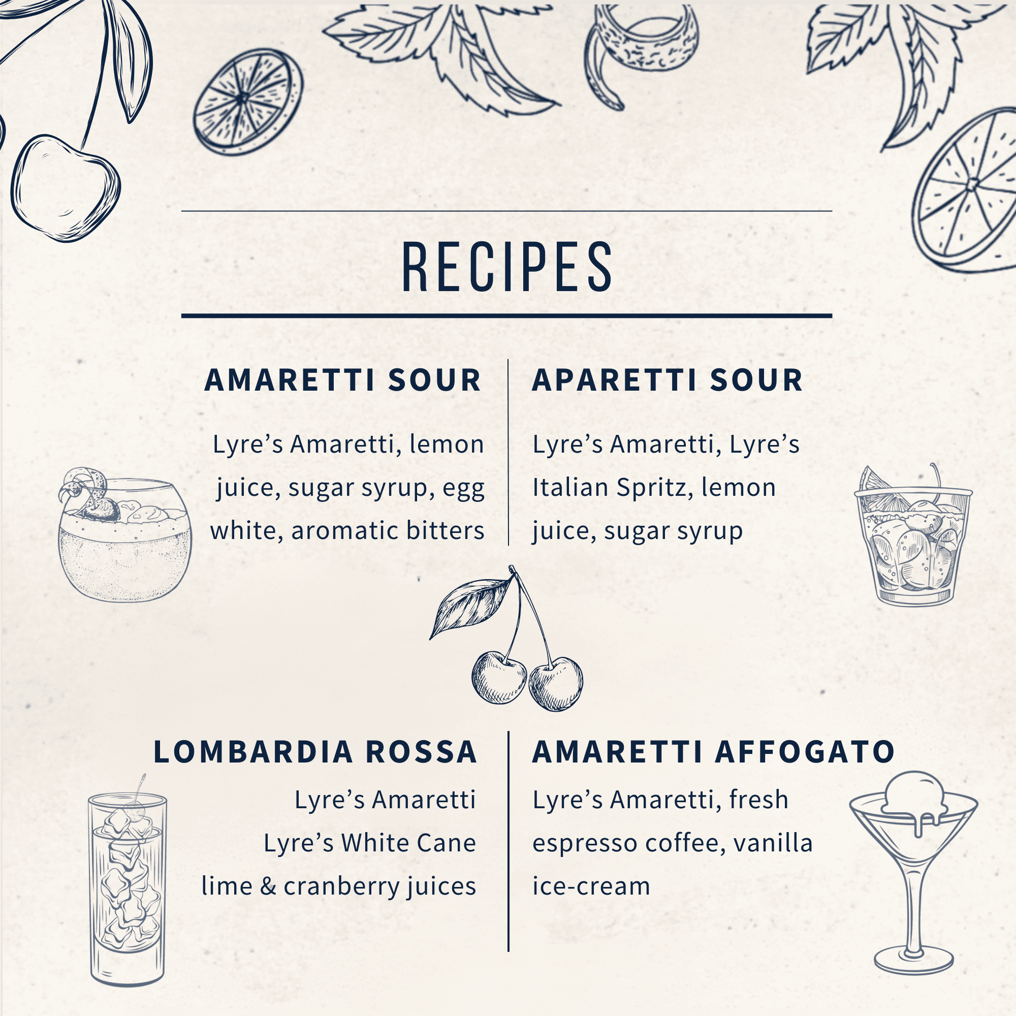 Recipes for Lyre's amaretti-based drinks