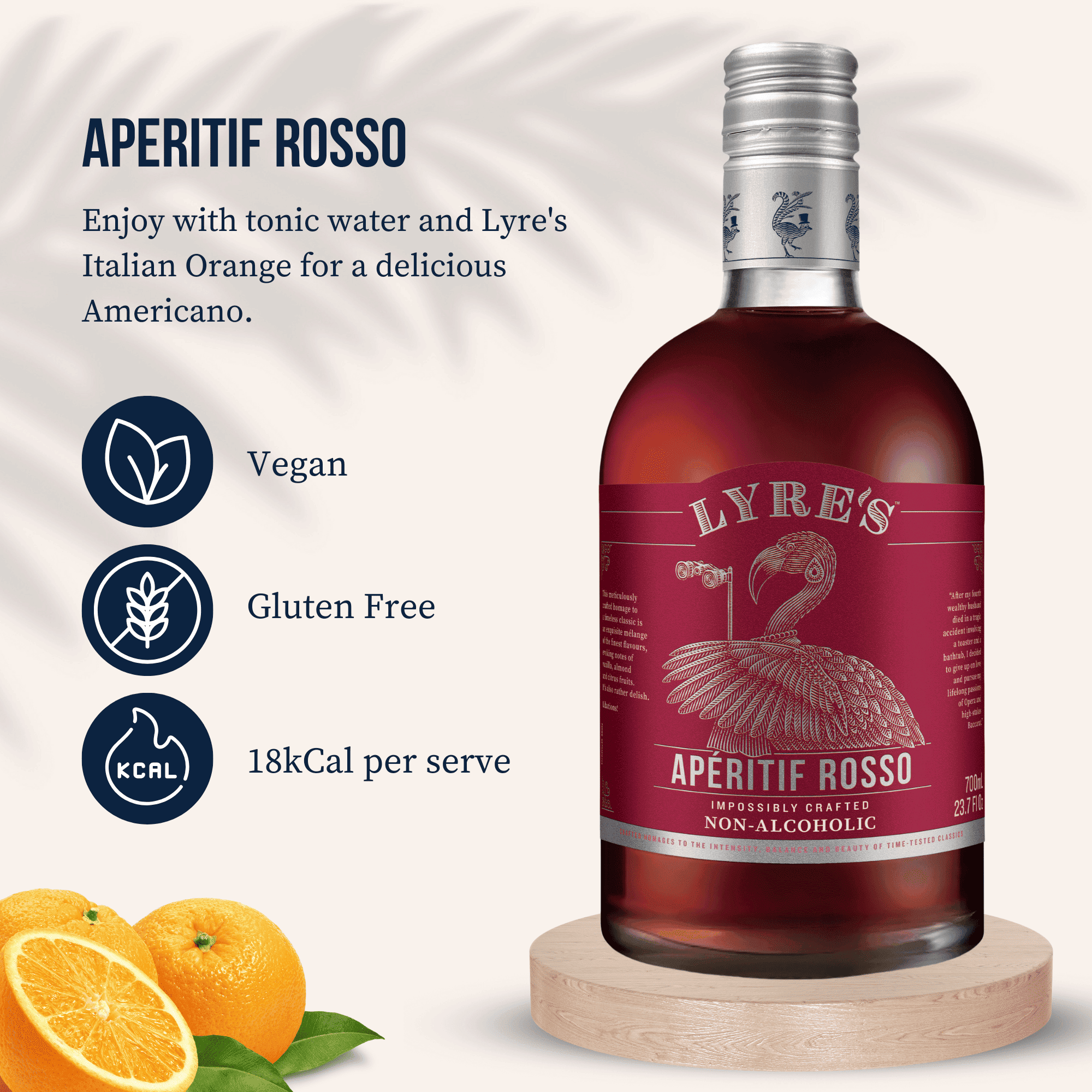 Lyre's Aperitif Rosso with orange slices on a white background and key product details