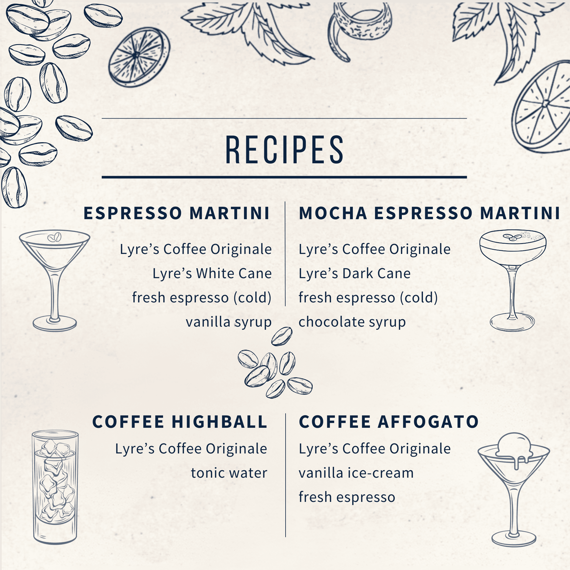 Coffee Originale recipe card including espresso martinis, coffee highball and non alcoholic affogato