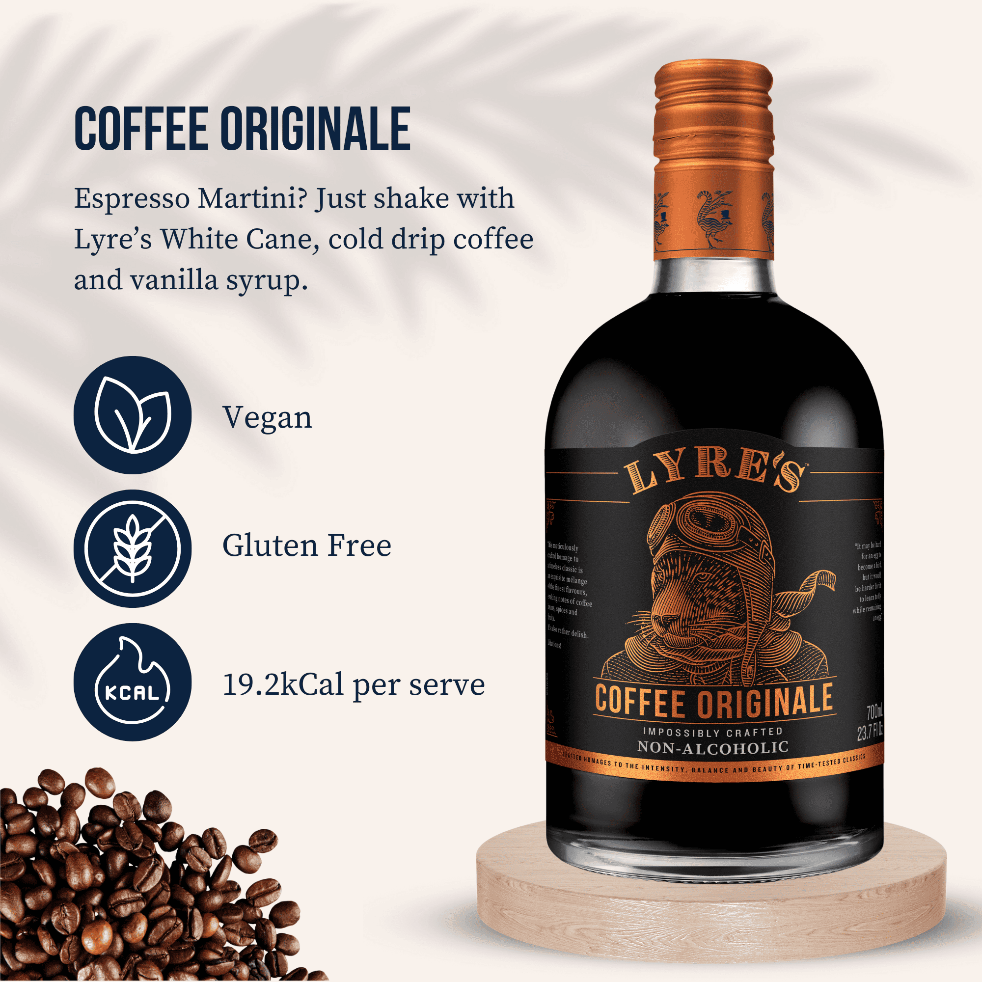Lyre's Coffee Originale with coffee beans on a light background and key product information