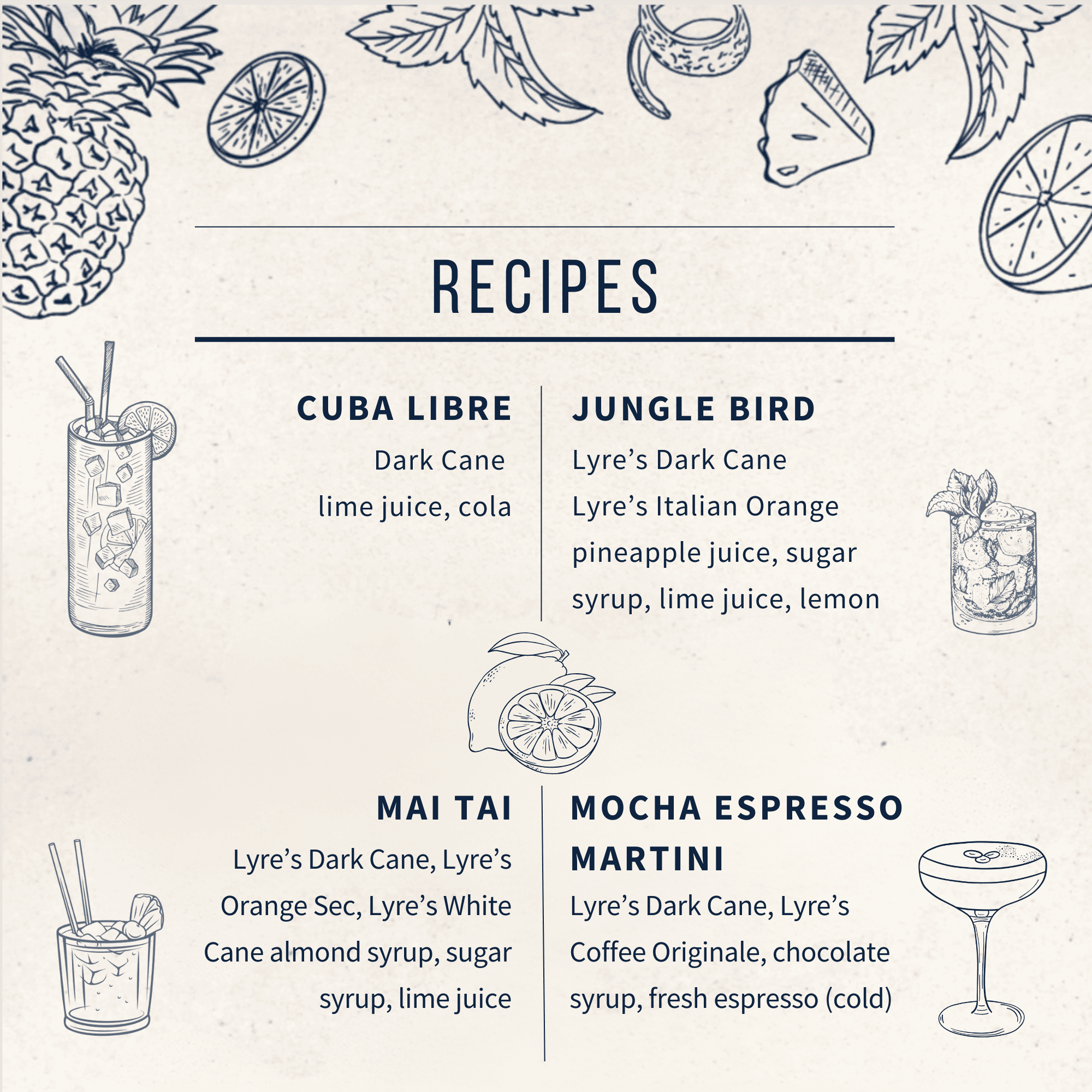 Illustrated Dark Cane recipe card for various cocktails with ingredients listed.