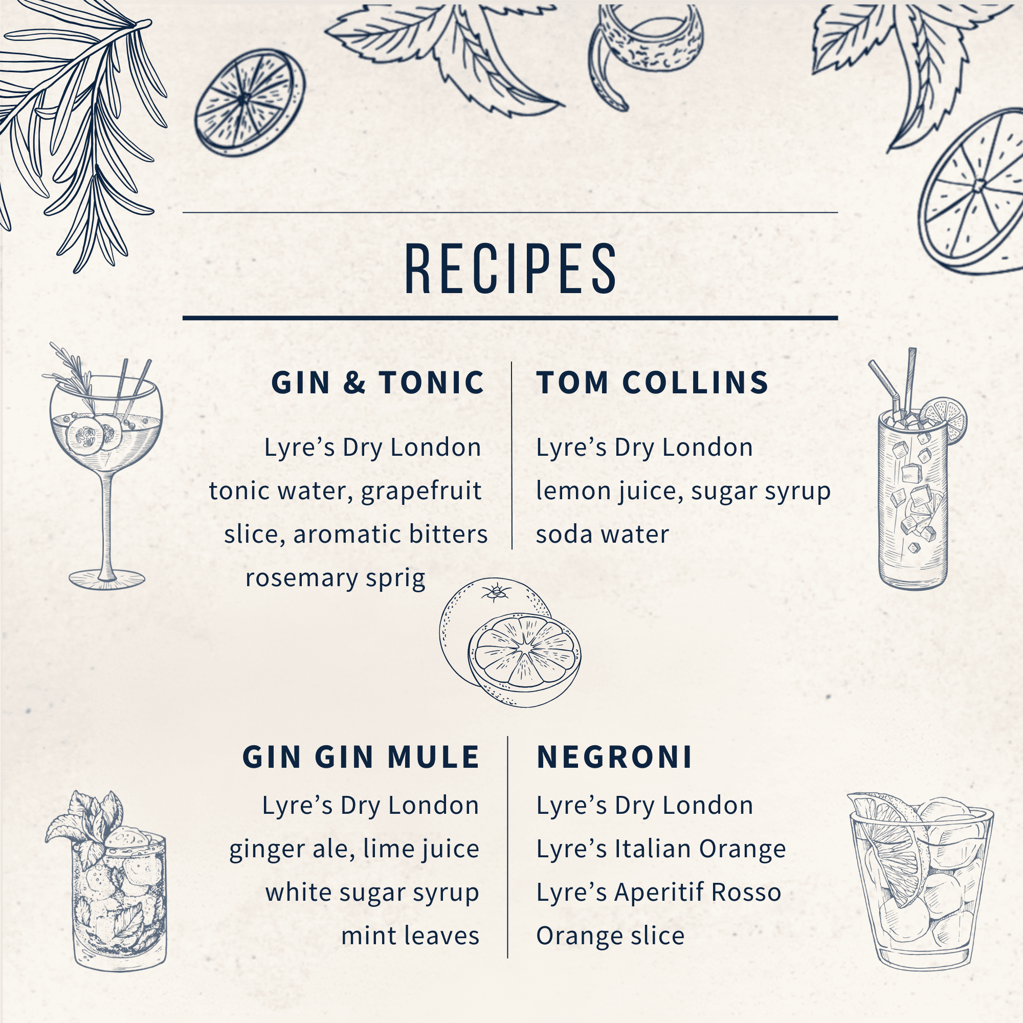 Illustrated recipe card for various cocktails using Dry London.