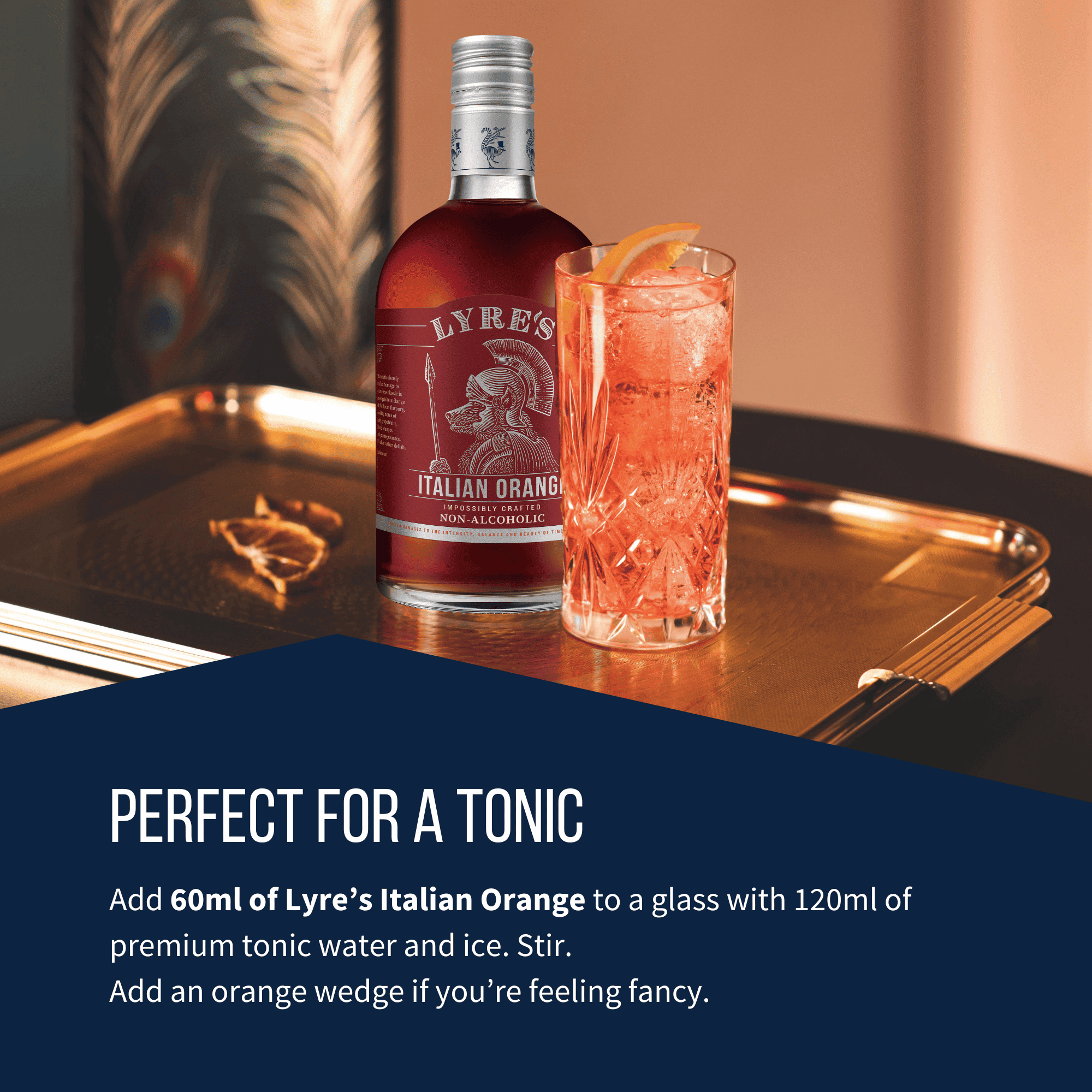 Bottle of Lyre's Italian Orange non alcoholic with an Americano cocktail on a tray, featuring a recipe for Italian Orange & Tonic recipe.