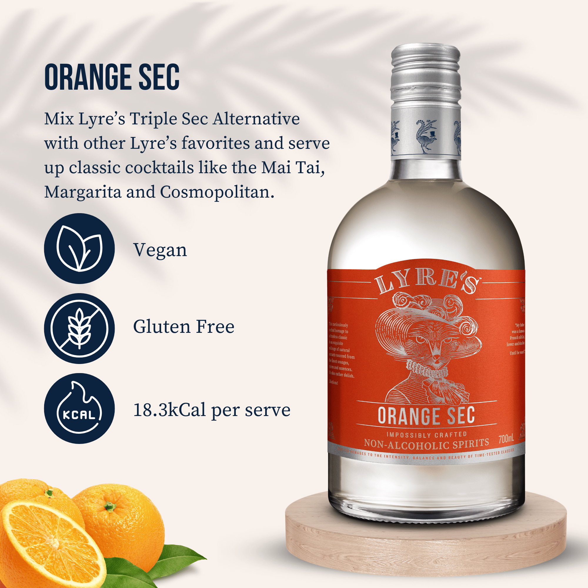 Bottle of Lyre's Orange Sec with product details and images of oranges on a light background