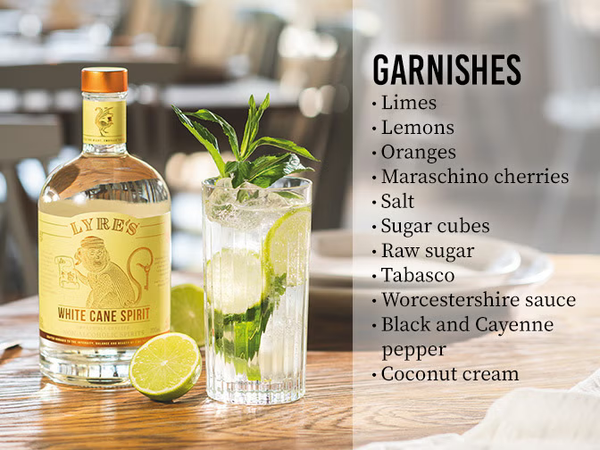 Garnishes: limes, lemons, oranges, maraschino cherries, salt, sugar cubes, raw sugar, tabasco, Worcestershire sauce, black and cayenne pepper, coconut cream